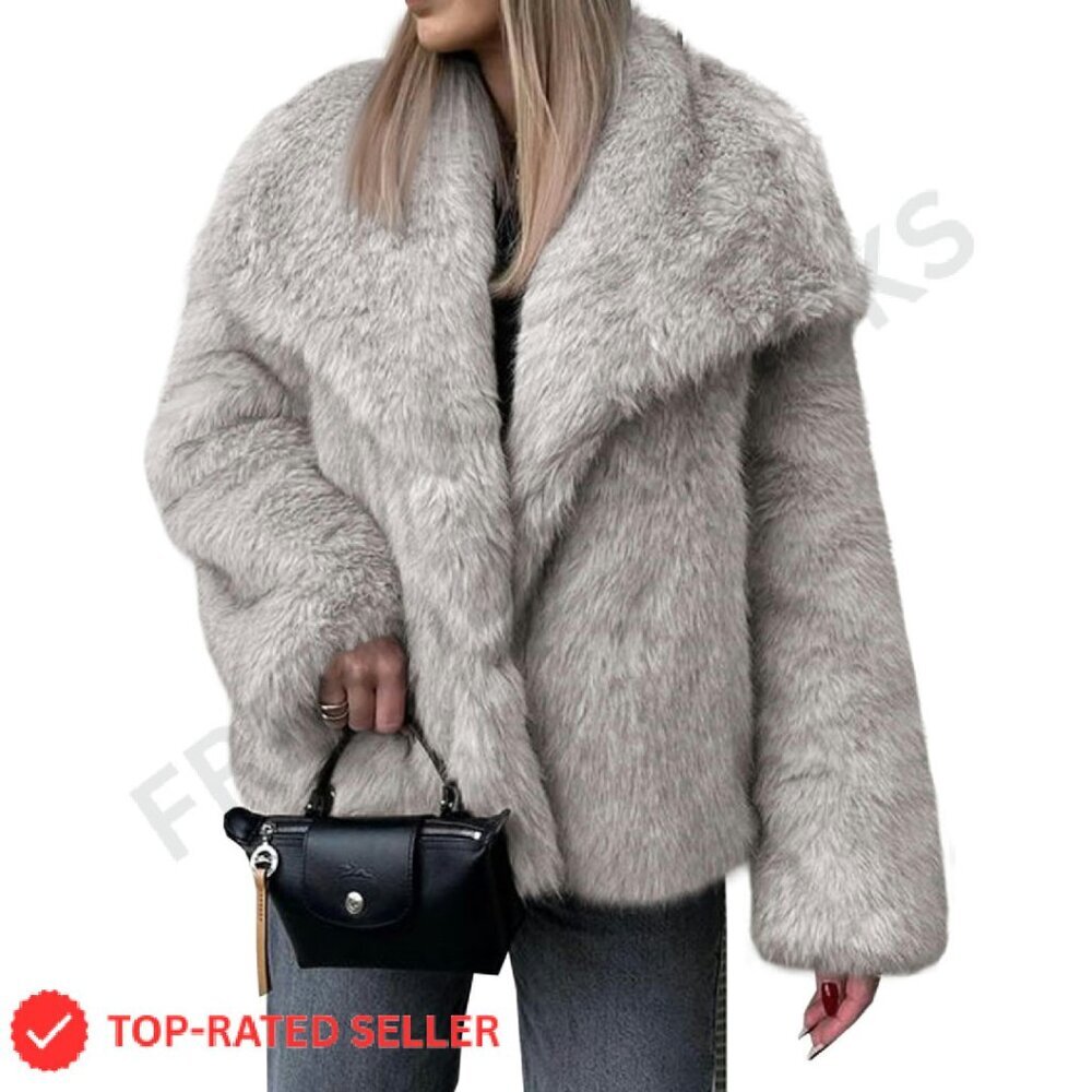 Oversized Faux Fur Coat Chic Winter Shaggy Lapel Jacket Fuzzy Outerwear